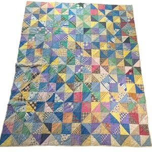 Vintage Handmade Quilt Feedsack Patchwork Half Square Triangle 74x60 Cottagcore